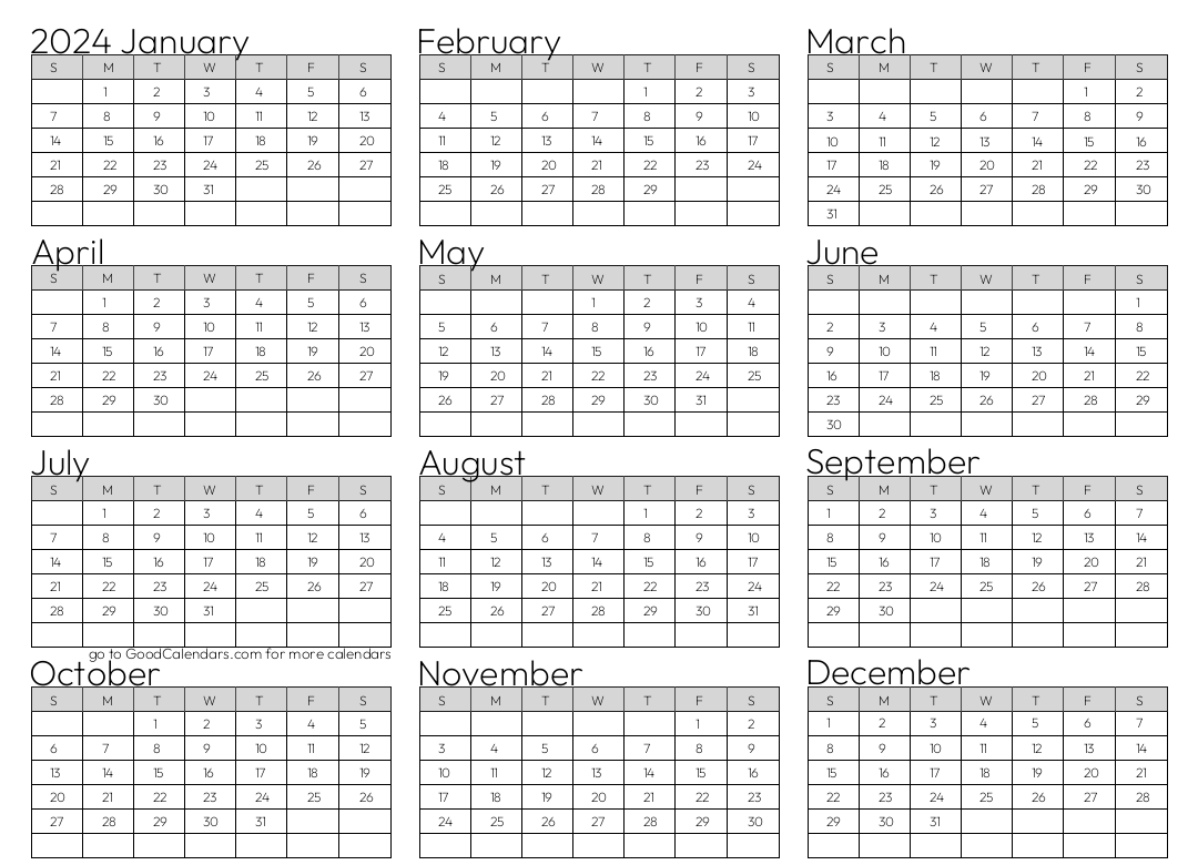 Full Year 2024 Calendar Template In Landscape