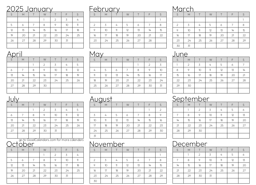 Full Year 2025 Calendar Template in Landscape