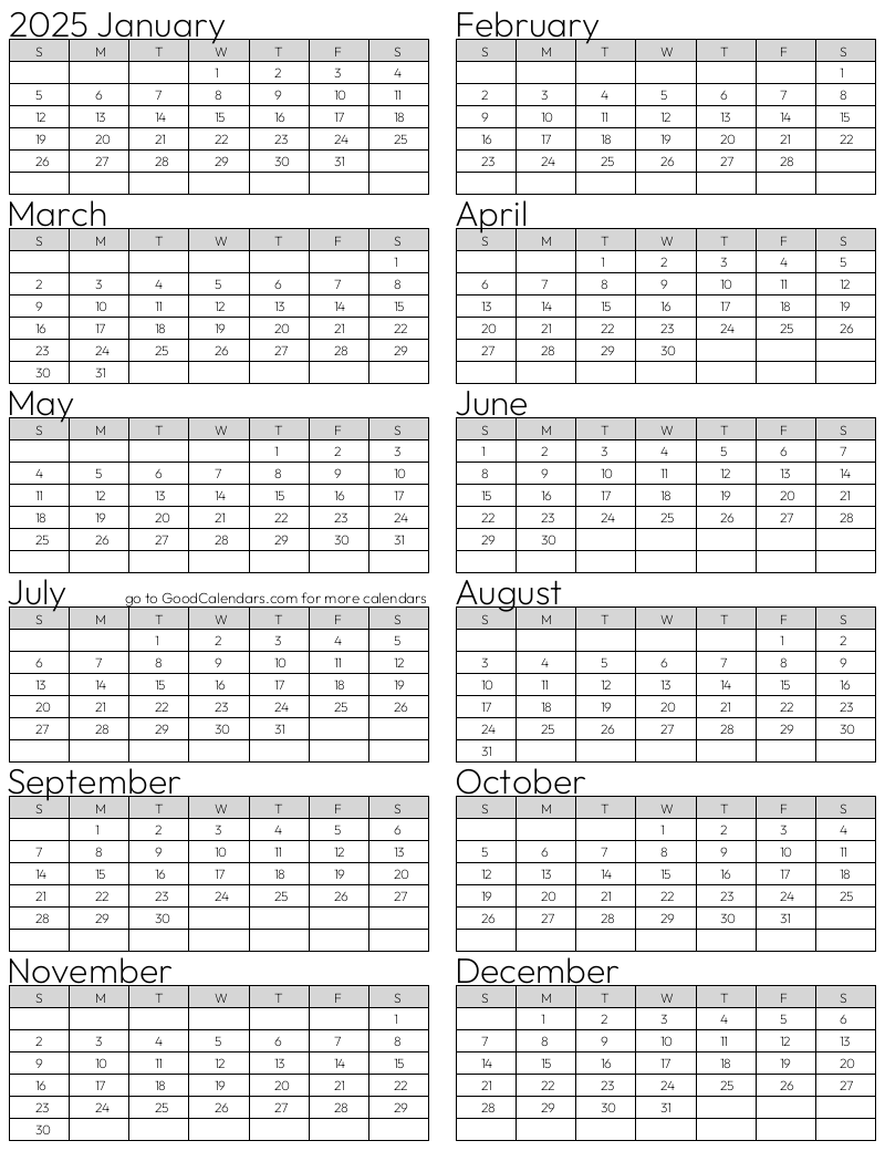 Standard 2025 Calendar
