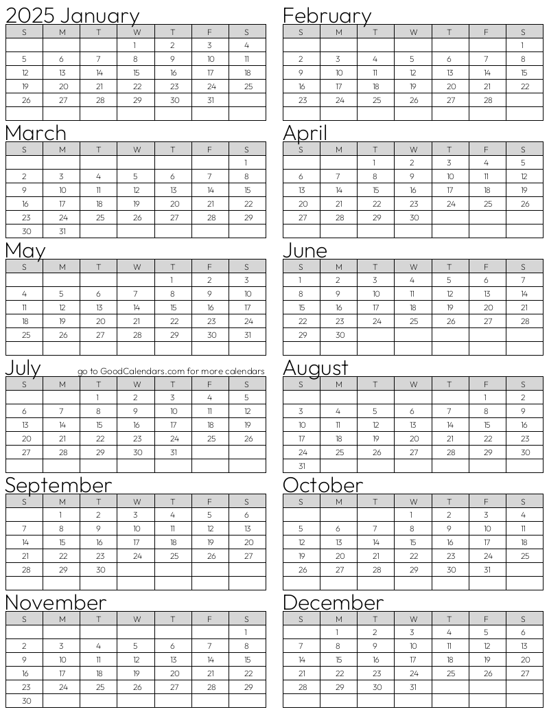 Full Year 2025 Calendar Template in Portrait