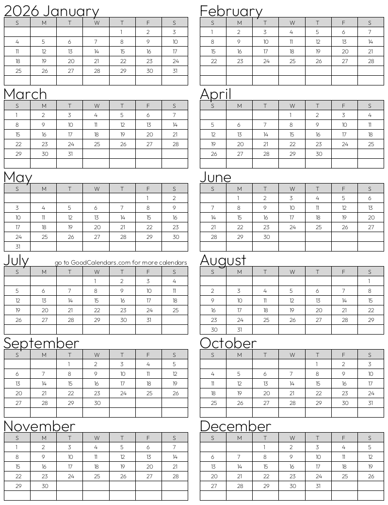 Standard 2026 Calendar