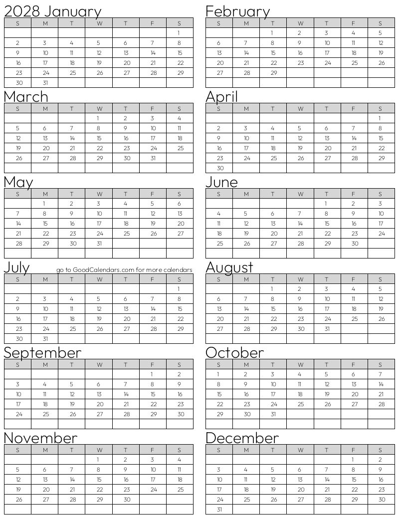 Full Year 2028 Calendar Template in Portrait