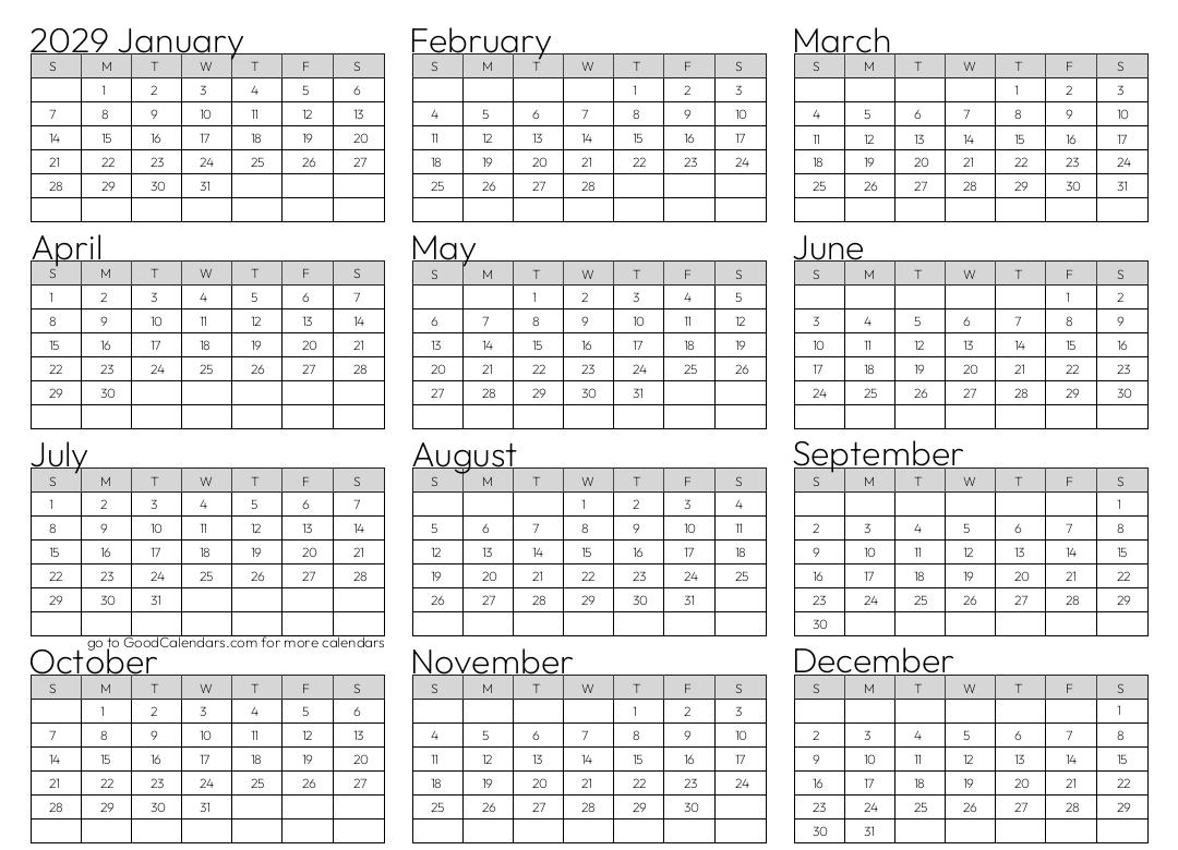 Full Year 2029 Calendar Template in Landscape