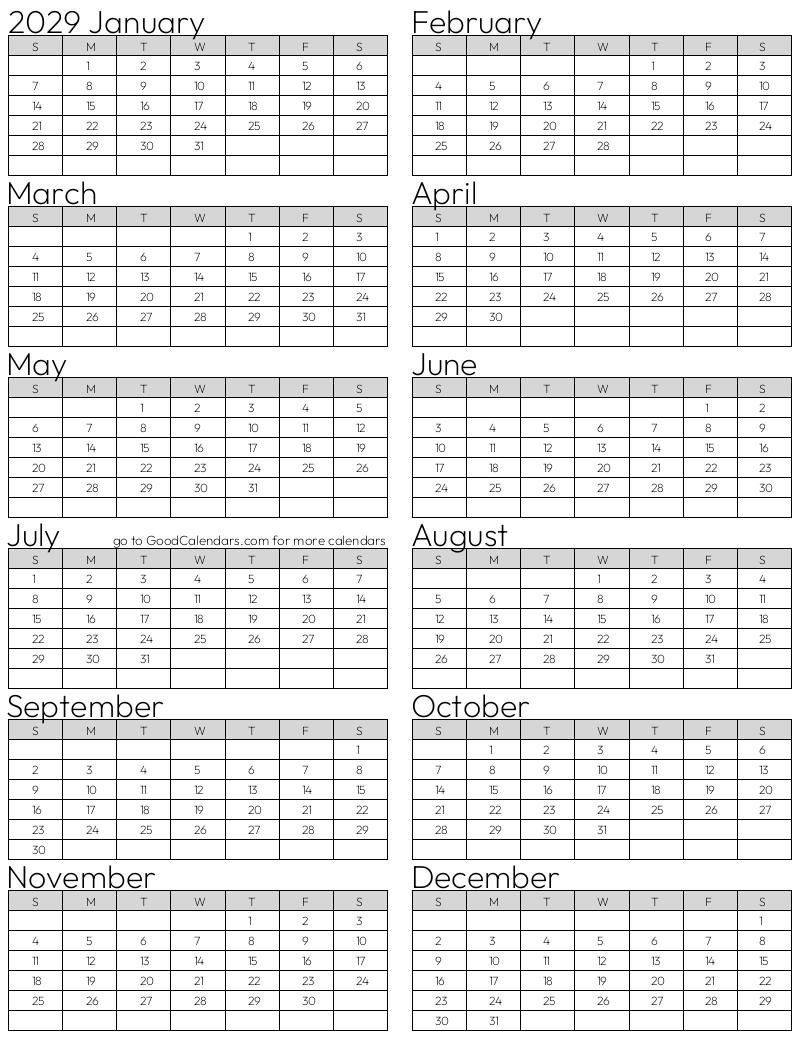 Full Year 2029 Calendar Template in Portrait