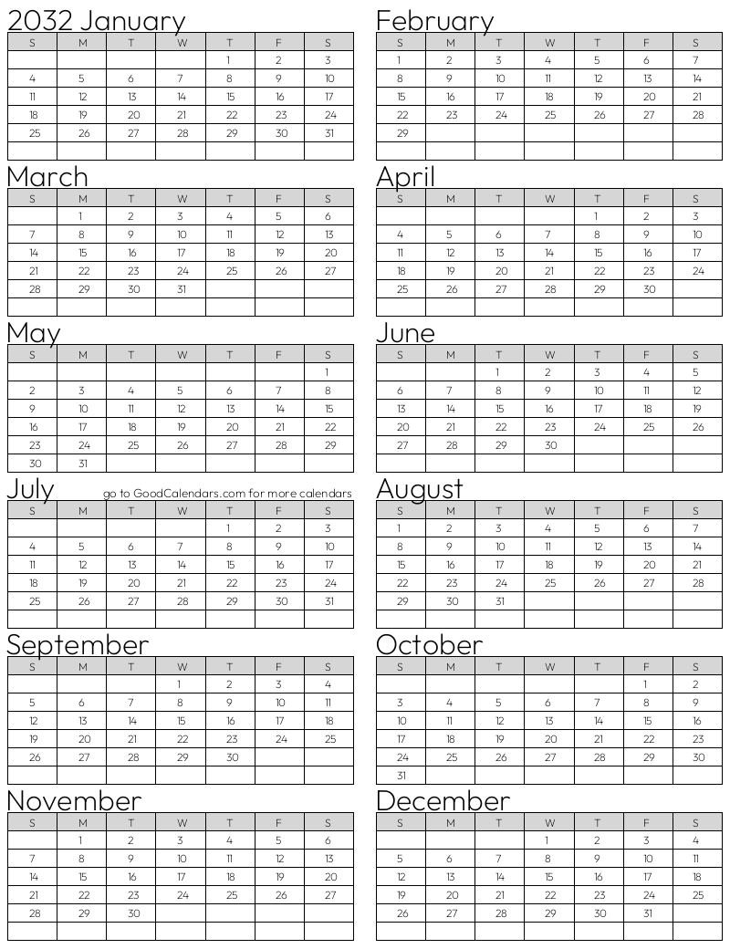 Standard 2032 Calendar