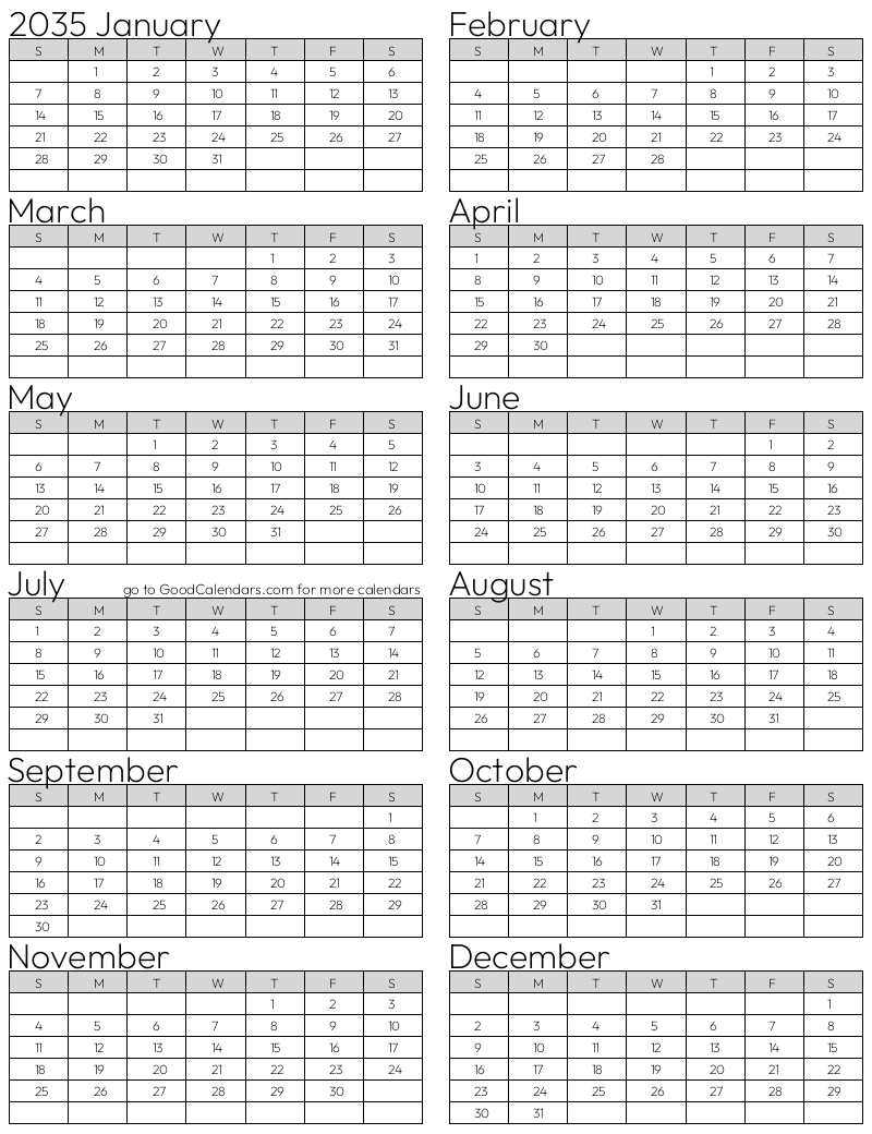 Standard 2035 Calendar