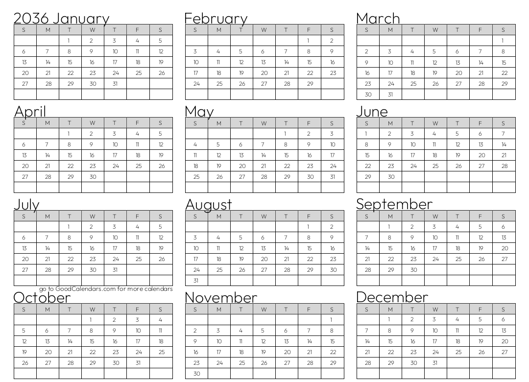 Full Year 2036 Calendar Template in Landscape