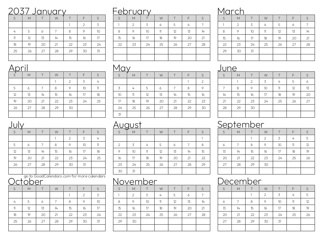 Full Year 2037 Calendar Template in Landscape