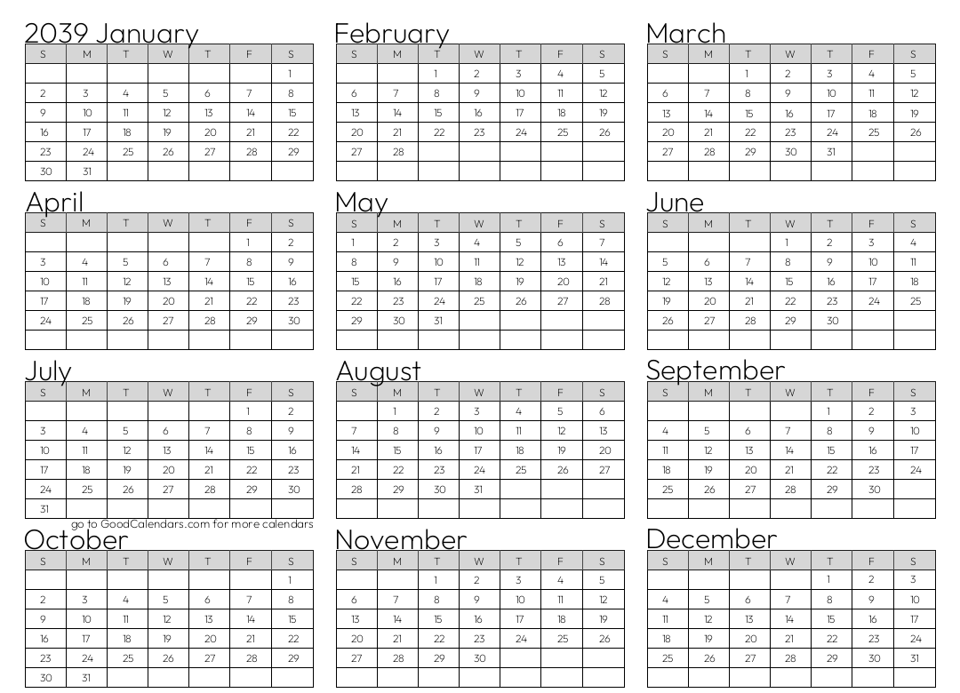 Full Year 2039 Calendar Template in Landscape