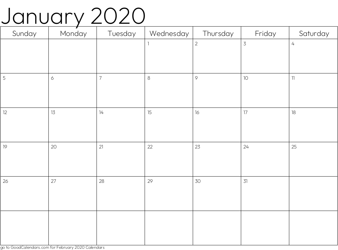 Standard January 2020 Calendar Template in Landscape