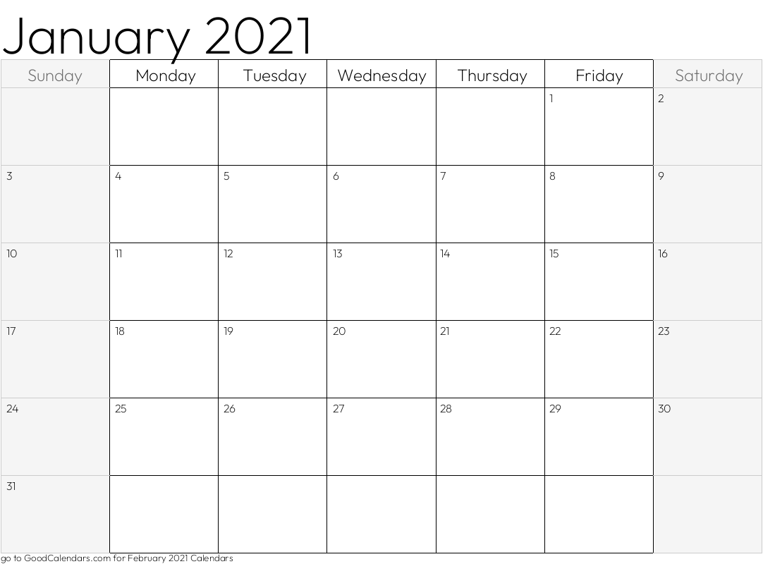 January 2021 Calendar with shaded weekends