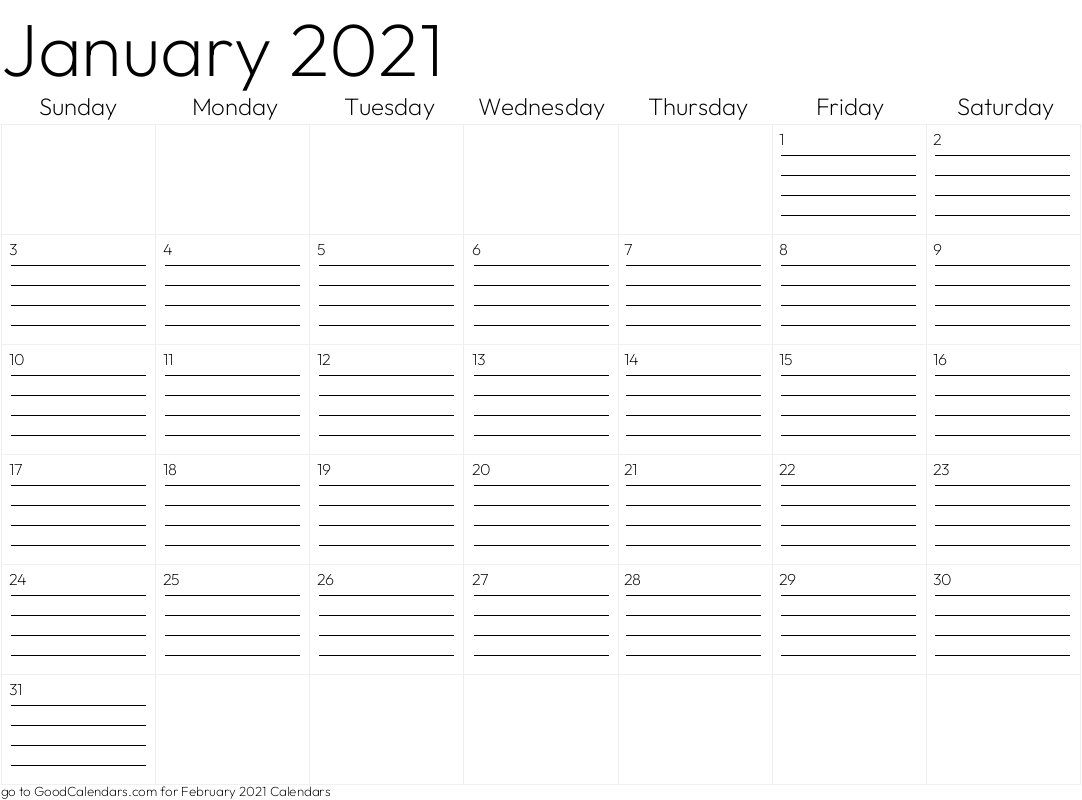 Lined January 2021 Calendar Template in Landscape