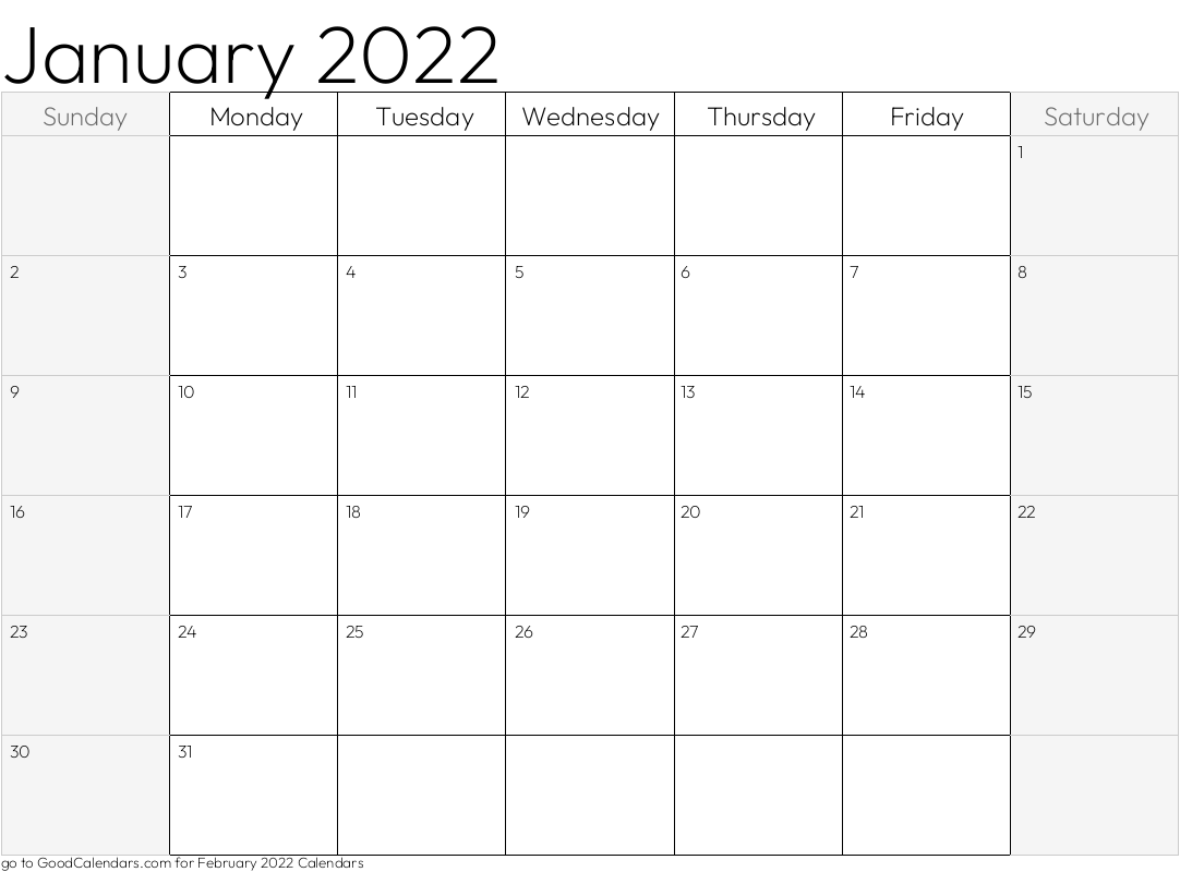 Shaded Weekends January 2022 Calendar Template in Landscape