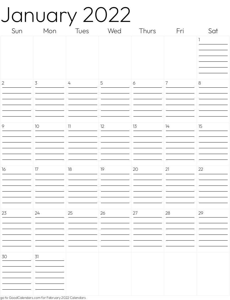 Lined January 2022 Calendar Template in Portrait