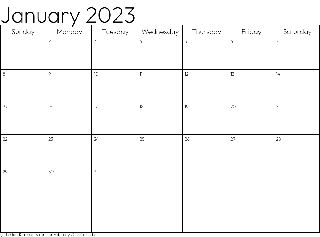 Standard January 2023 Calendar Template in Landscape