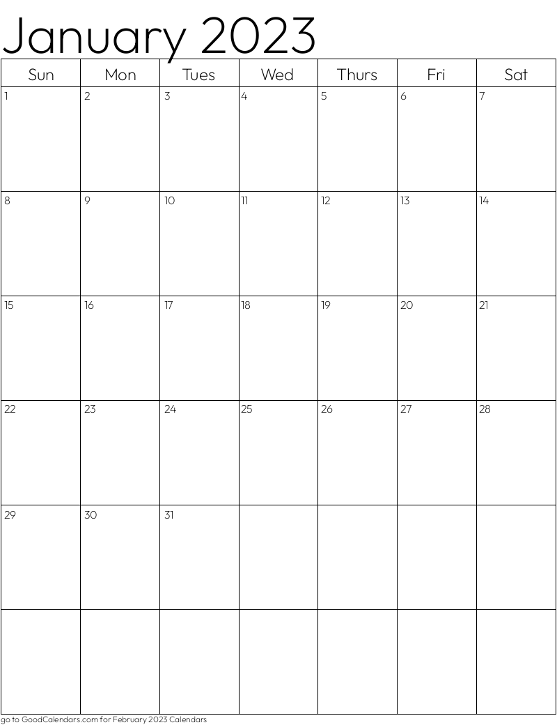 Standard January 2023 Calendar Template In Portrait