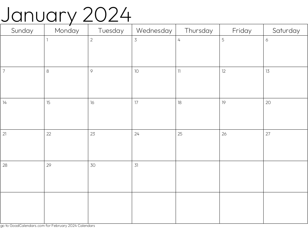 Standard January 2024 Calendar Template in Landscape
