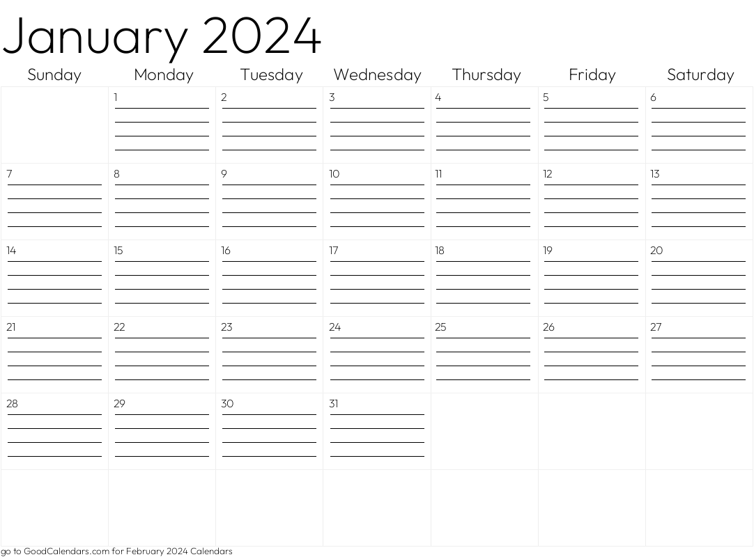 Lined January 2024 Calendar Template in Landscape