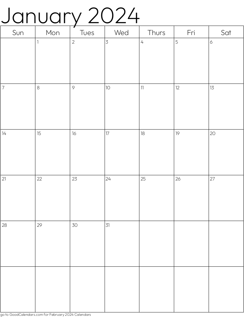Standard January 2024 Calendar Template in Portrait