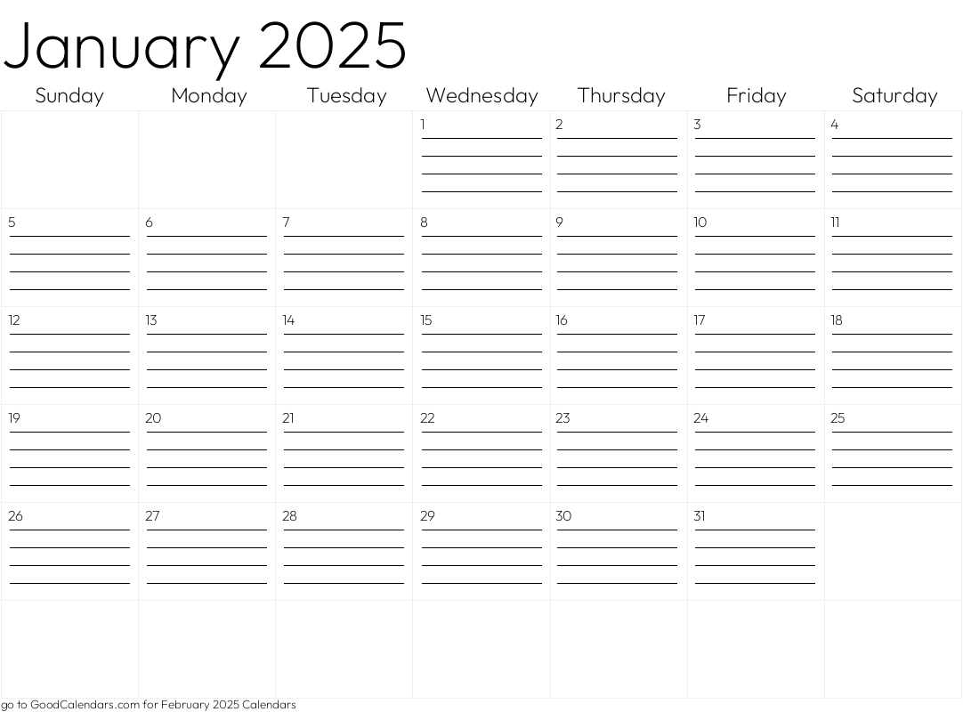Lined January 2025 Calendar Template in Landscape