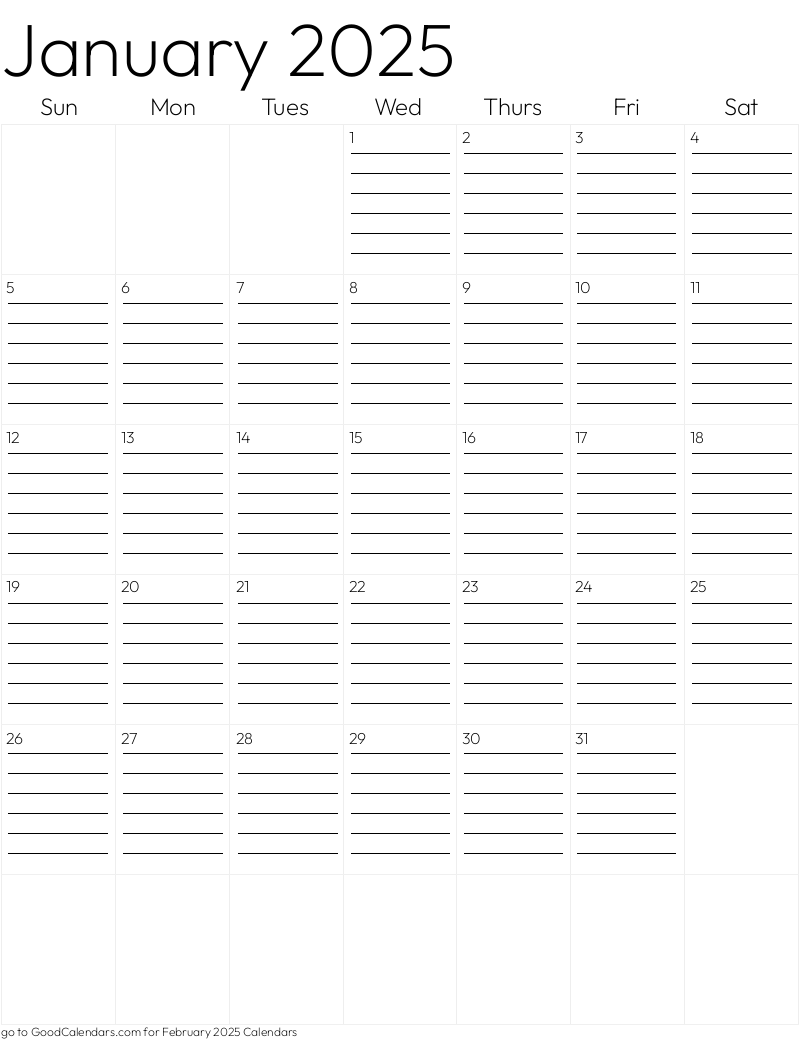 Lined January 2025 Calendar Template in Portrait