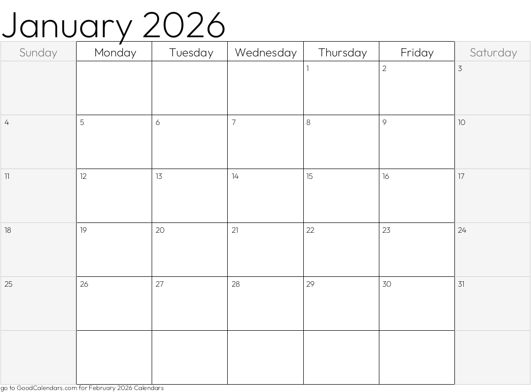 Shaded Weekends January 2026 Calendar Template in Landscape