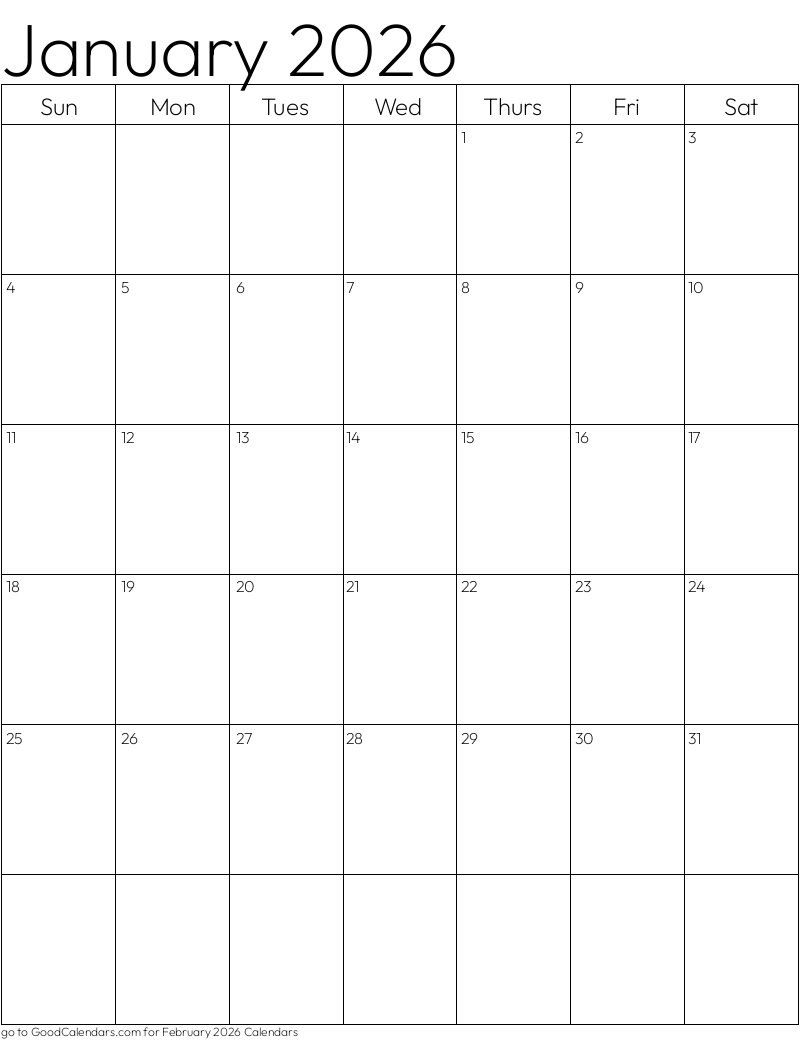 Standard January 2026 Calendar Template in Portrait