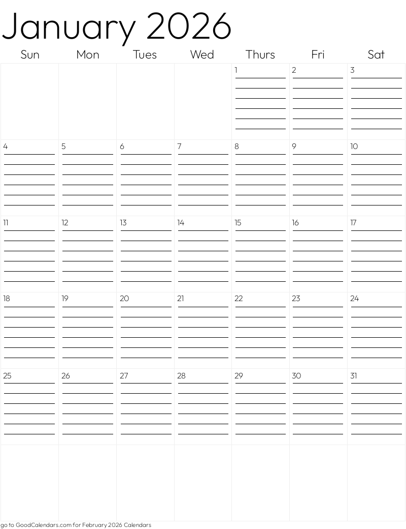 Lined January 2026 Calendar Template in Portrait