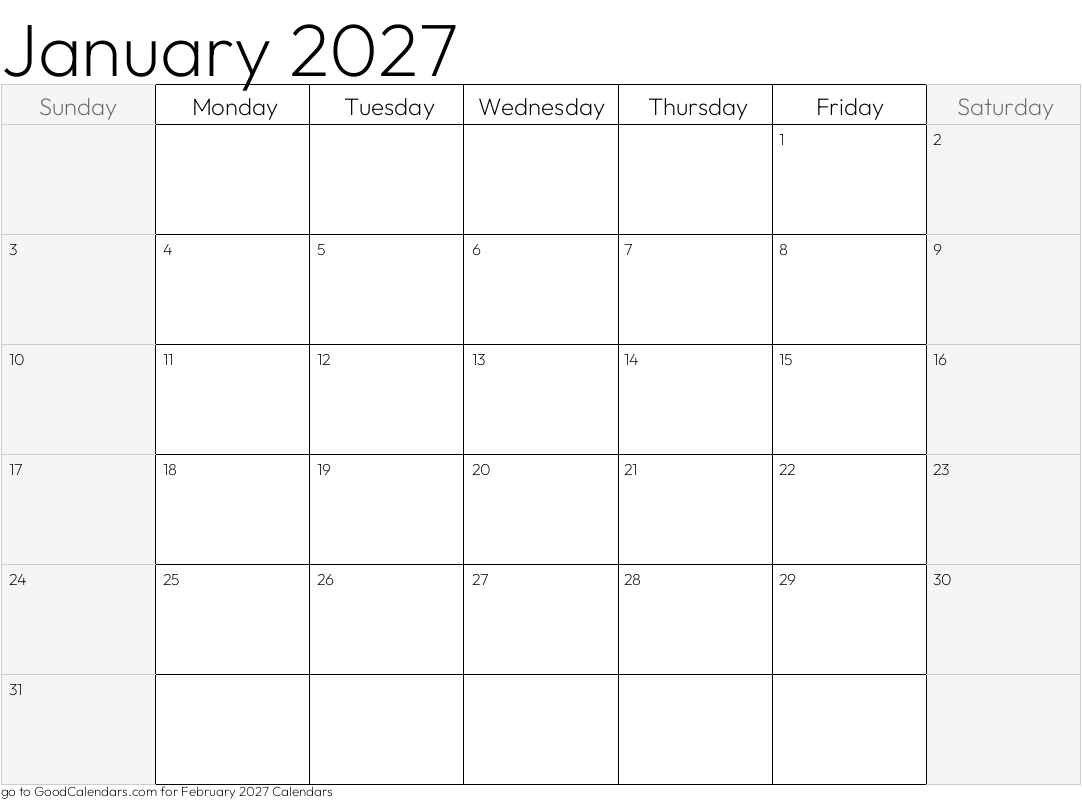 January 2027 Calendar with shaded weekends