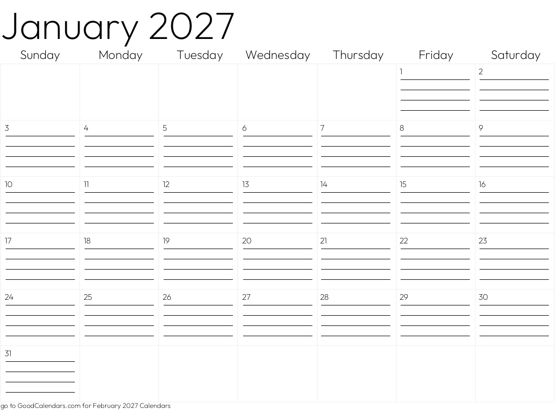 Lined January 2027 Calendar