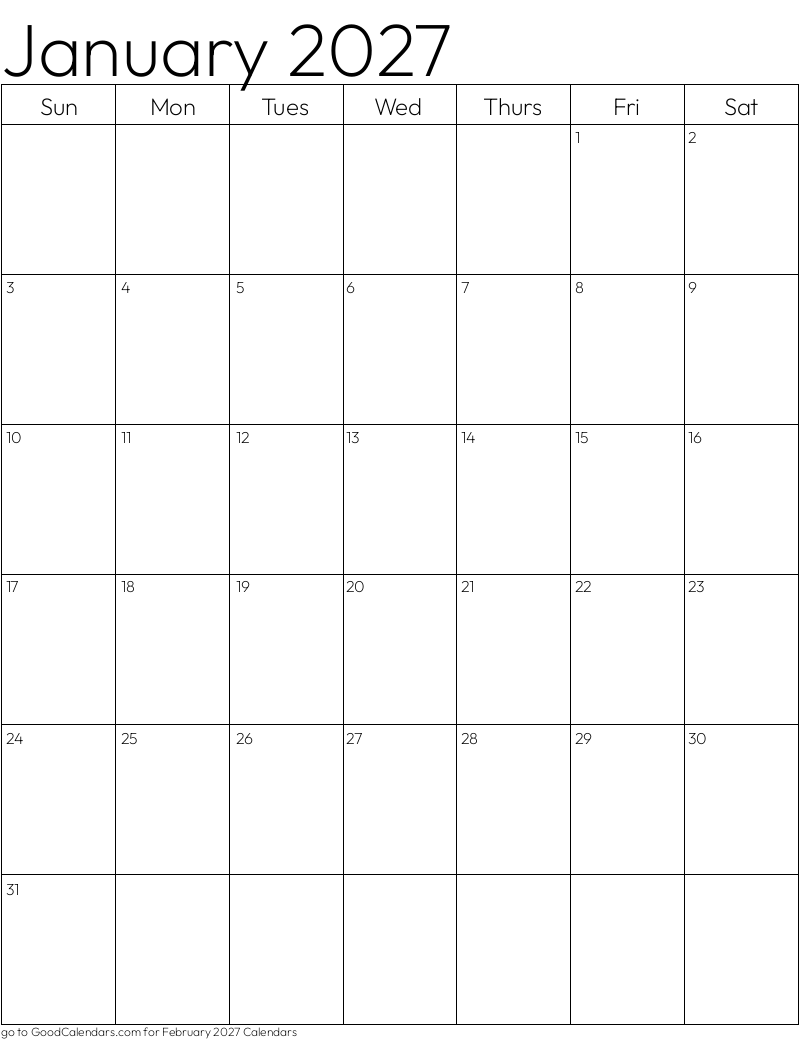 Standard January 2027 Calendar Template in Portrait