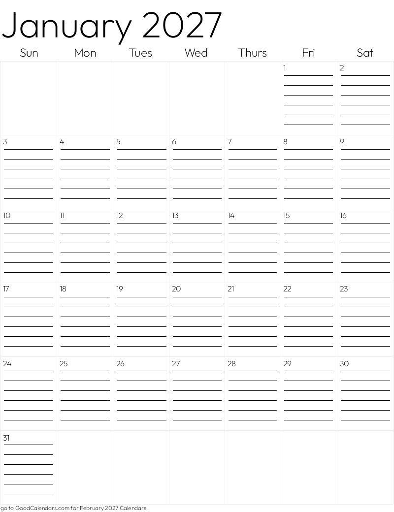 Lined January 2027 Calendar Template in Portrait