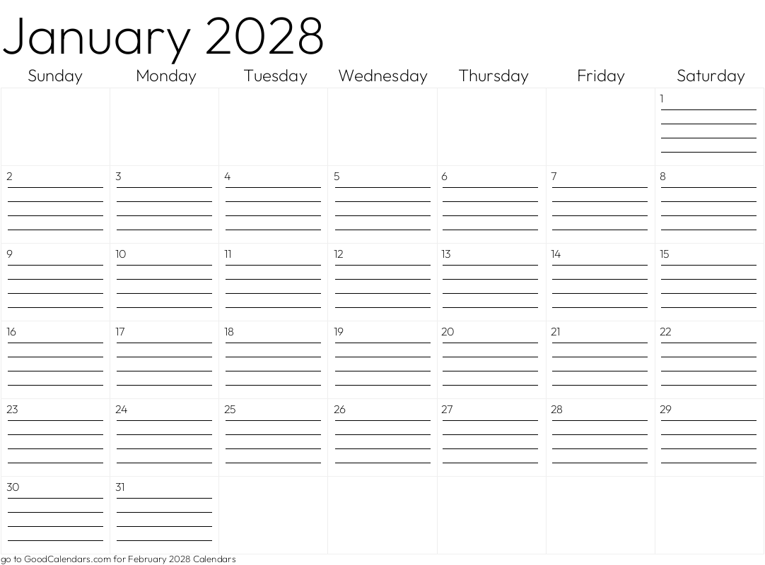 Lined January 2028 Calendar Template in Landscape