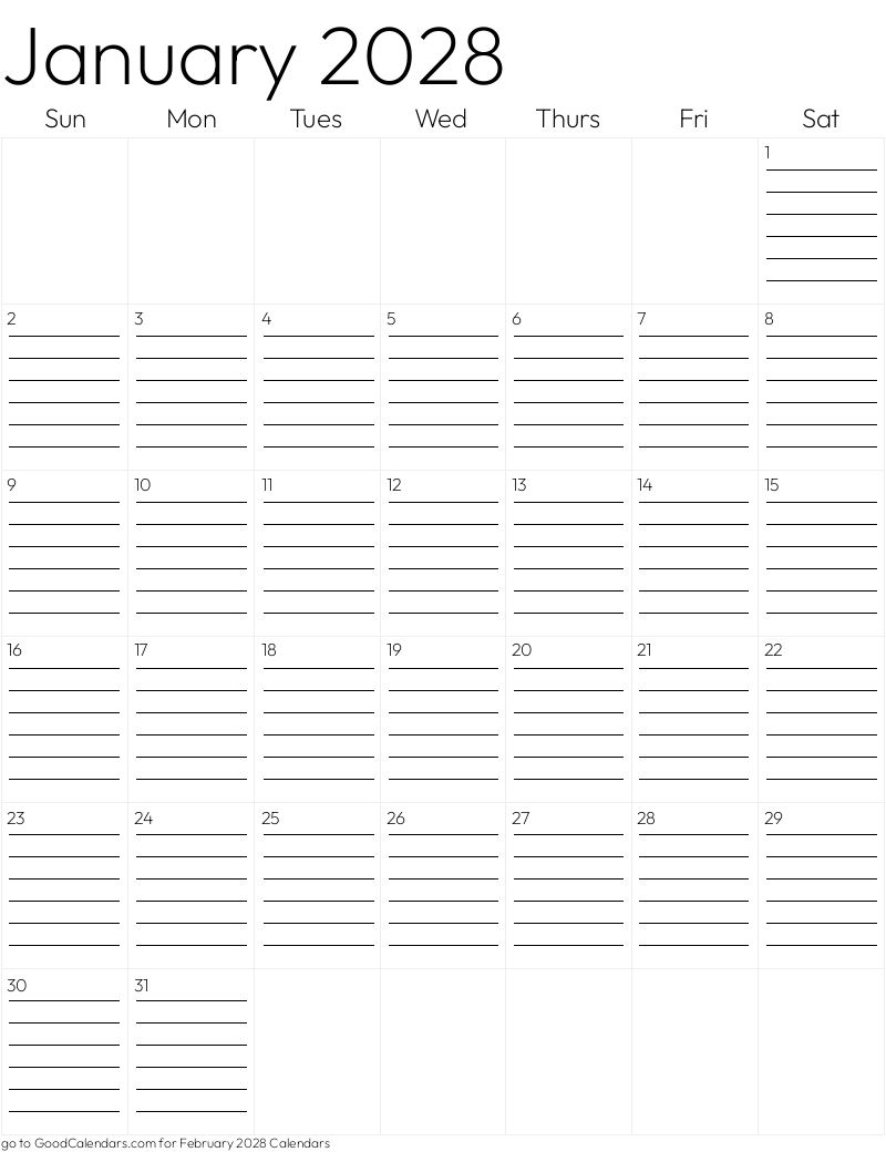 Lined January 2028 Calendar Template in Portrait