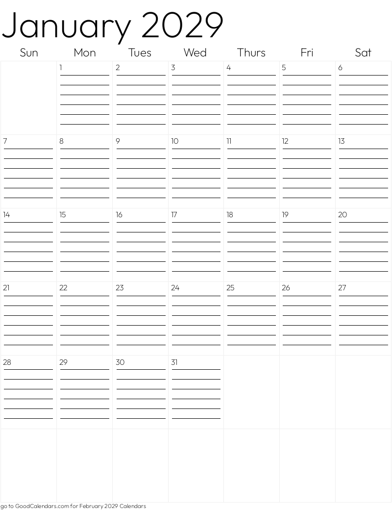 Lined January 2029 Calendar Template in Portrait