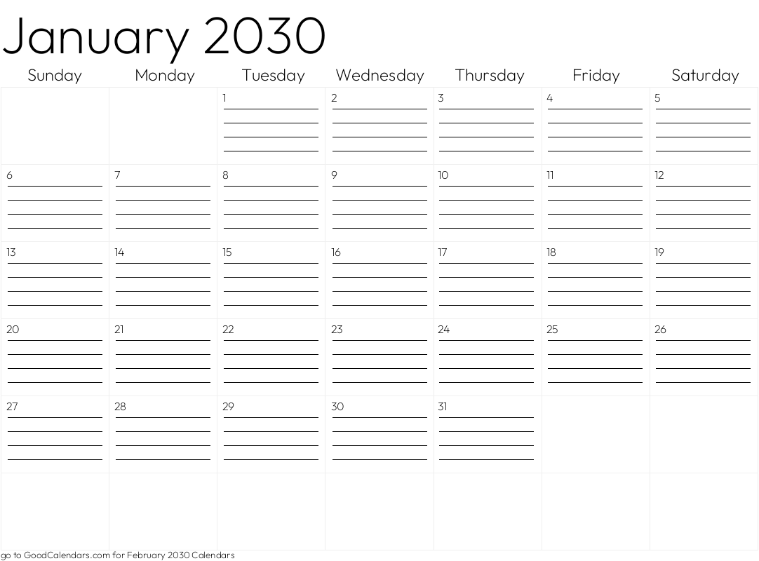 Lined January 2030 Calendar Template in Landscape