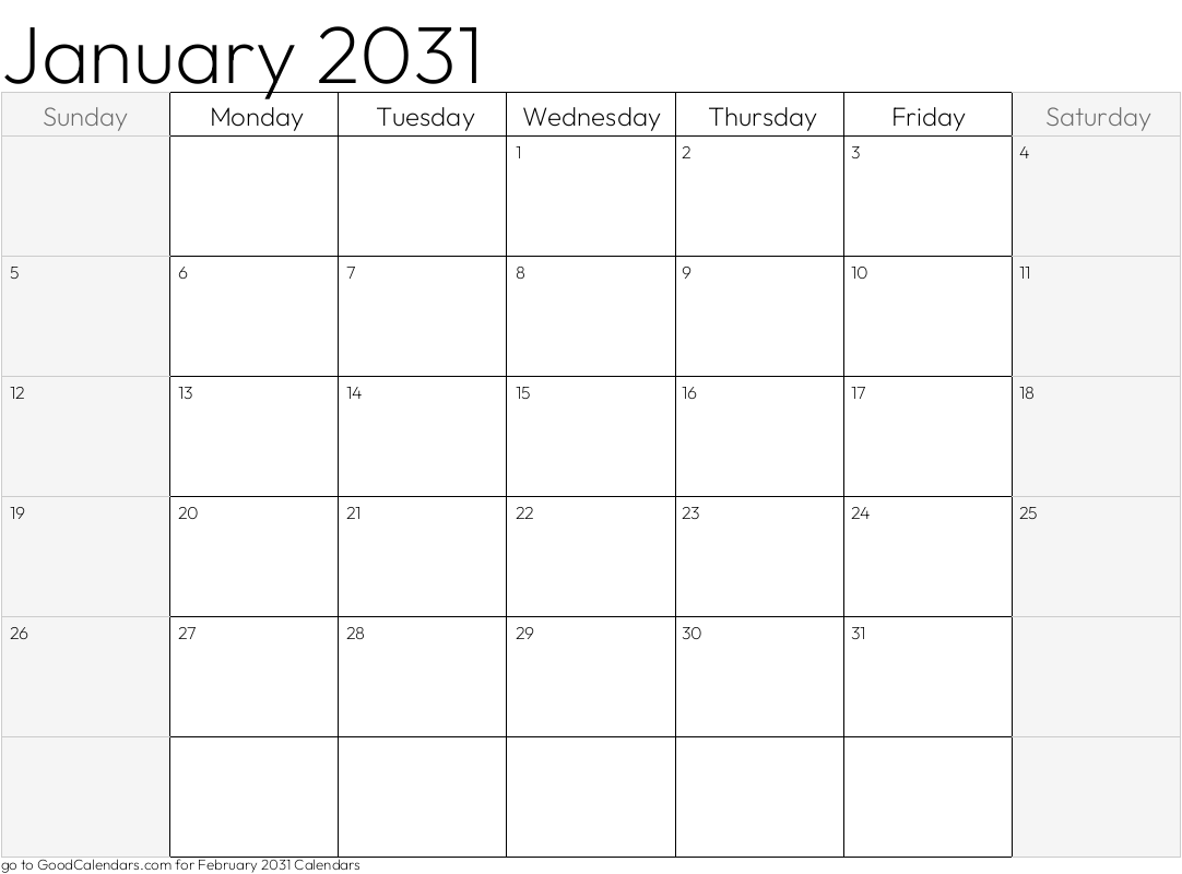 Shaded Weekends January 2031 Calendar Template in Landscape