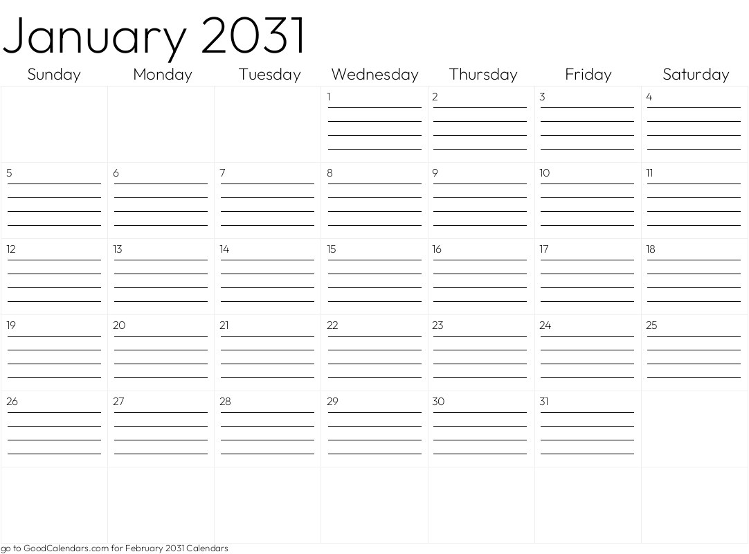 Lined January 2031 Calendar Template in Landscape