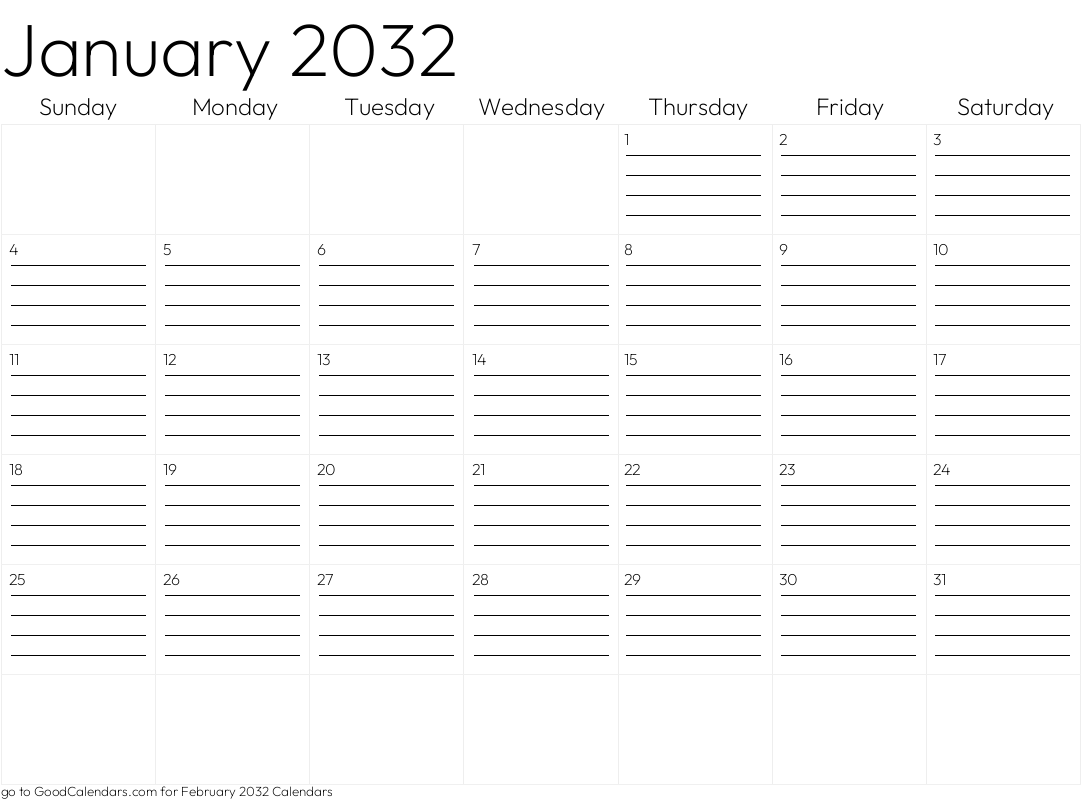 Lined January 2032 Calendar Template in Landscape