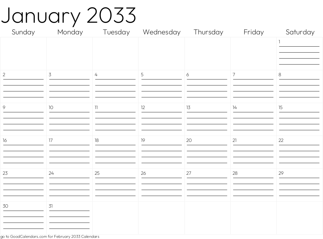 Lined January 2033 Calendar Template in Landscape