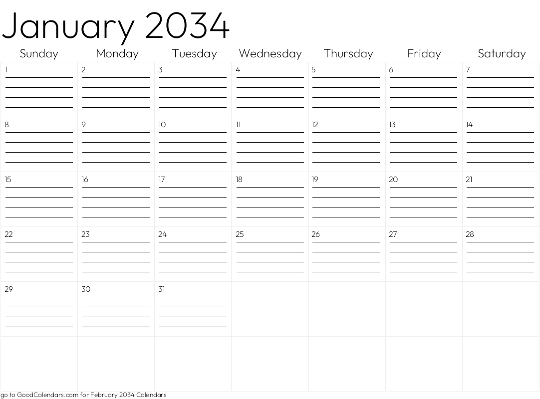 Lined January 2034 Calendar Template in Landscape