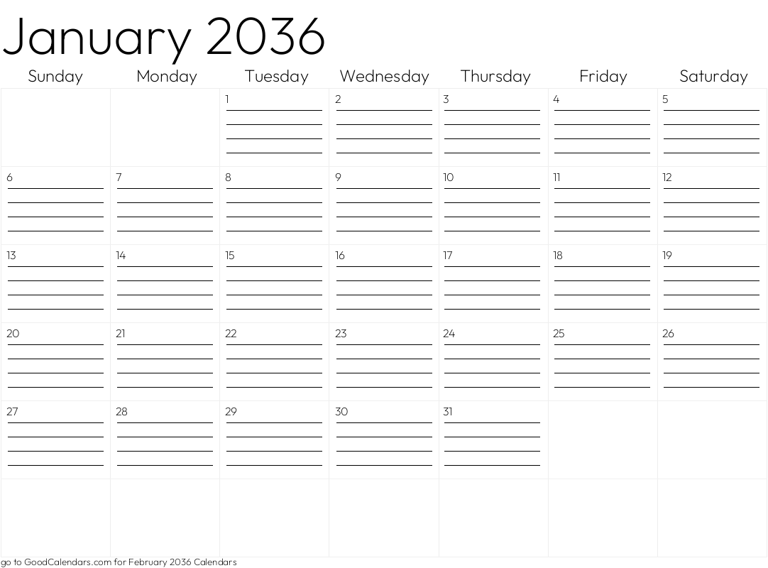 Lined January 2036 Calendar Template in Landscape