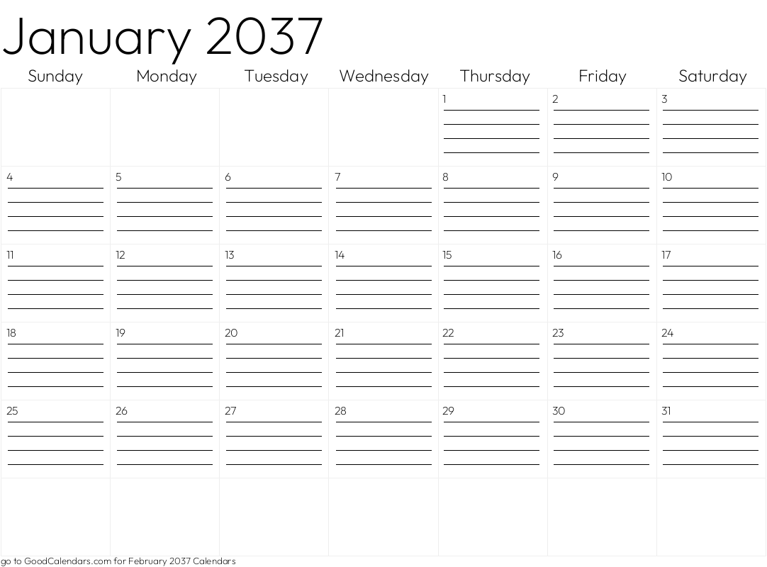 Lined January 2037 Calendar