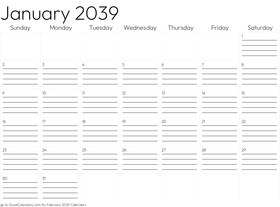 Lined January 2039 Calendar