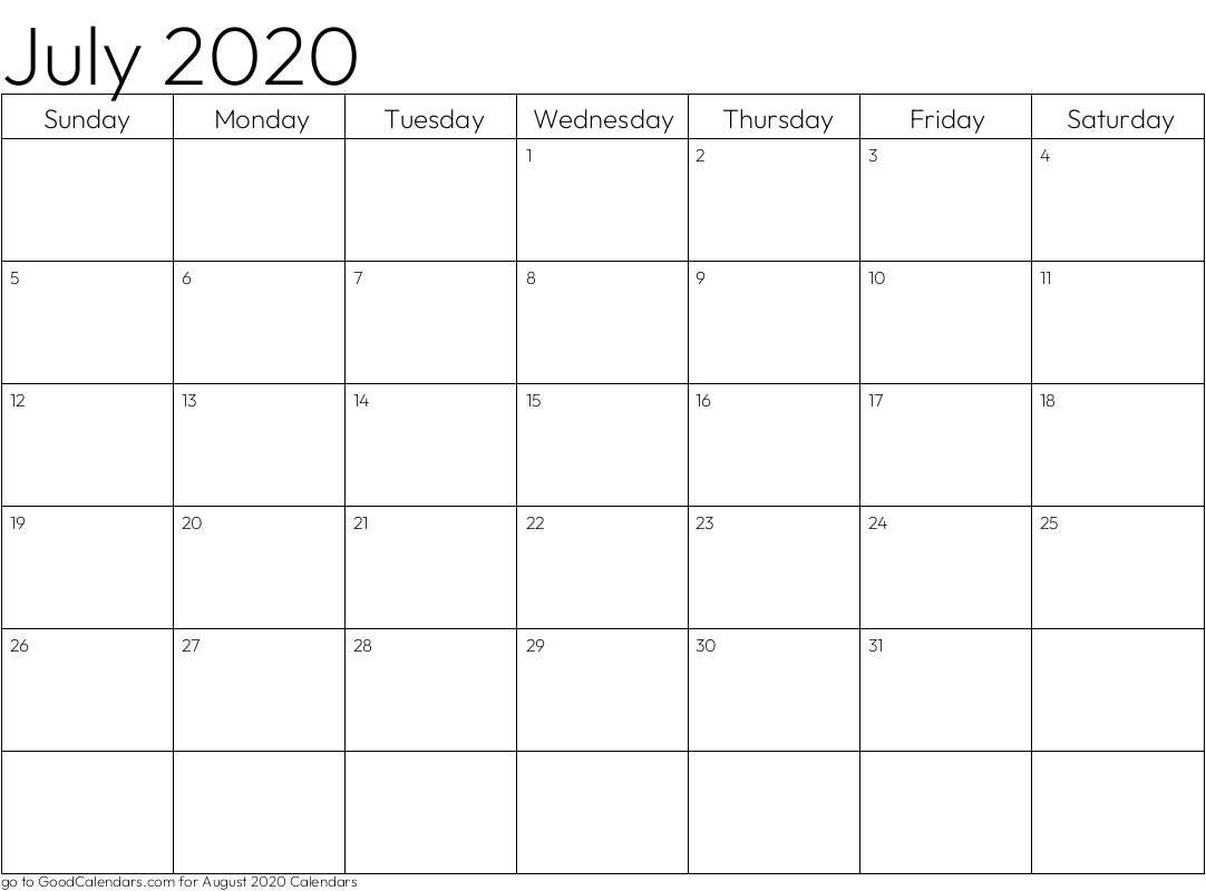 Standard July 2020 Calendar