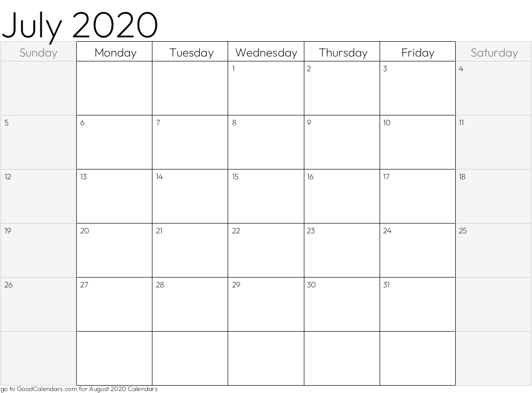 July 2020 Calendar with shaded weekends