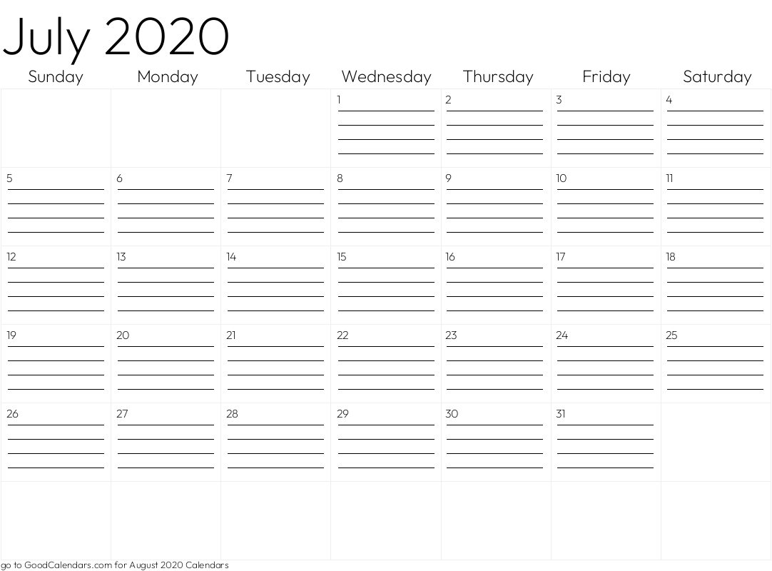 Lined July 2020 Calendar Template in Landscape