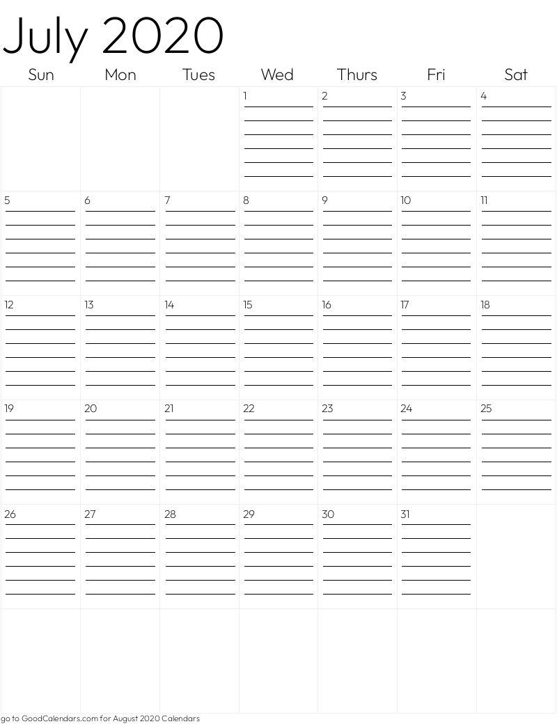 Lined July 2020 Calendar Template in Portrait