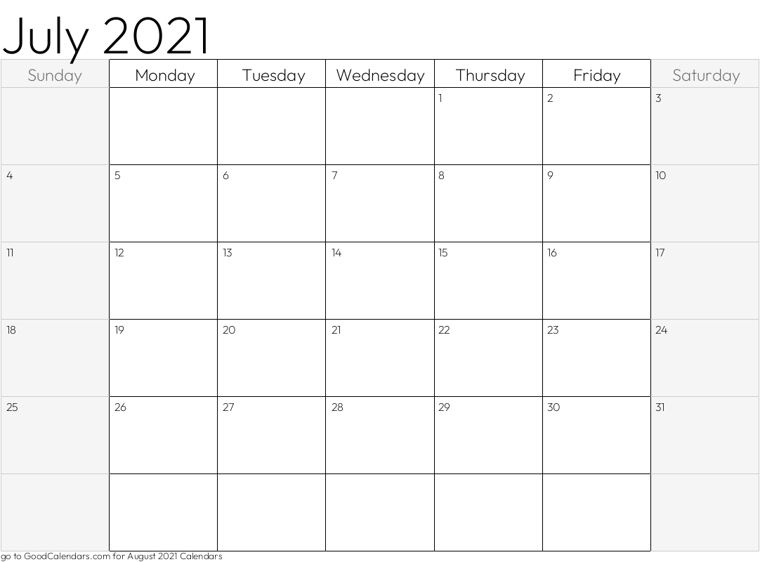 Shaded Weekends July 2021 Calendar Template in Landscape