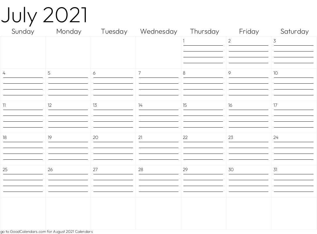 Lined July 2021 Calendar Template in Landscape